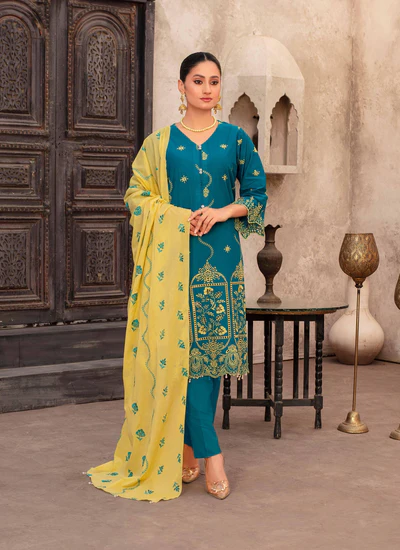 Ocean Blue Embroidered 3 Piece Lawn Suit – Tabeer Collection Vol 5