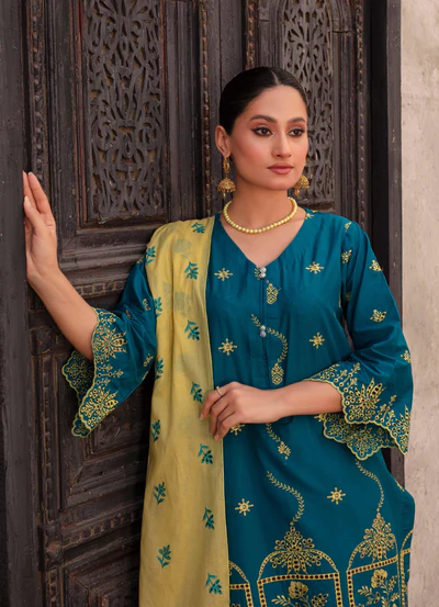 Fabric Close-Up – Ocean Blue Embroidered Lawn Tabeer Collection Vol 5