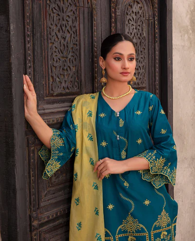 side View – Ocean Blue Embroidered Lawn Shirt Tabeer Collection Vol 5