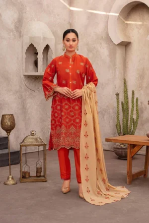 Orange Embroidered 3 Piece Lawn Suit – Tabeer Collection Vol 5