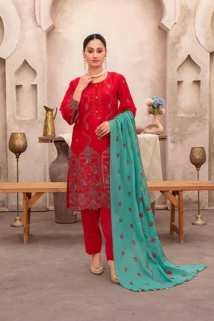 Red Embroidered 3 Piece Lawn Suit – Tabeer Collection Vol 5